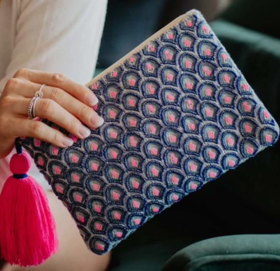 Navy and Pink Scallop Beaded Zipper Bag