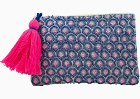 Navy and Pink Scallop Beaded Zipper Bag